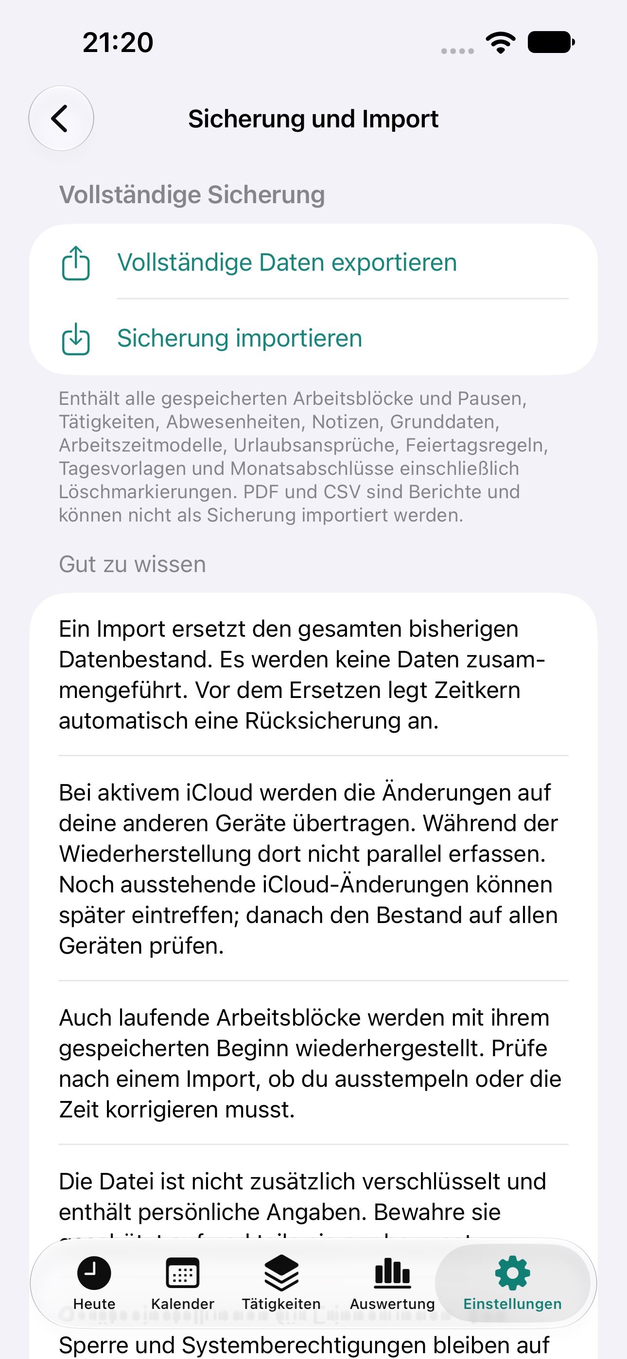 Vollständige Datensicherung und Import in den Einstellungen.